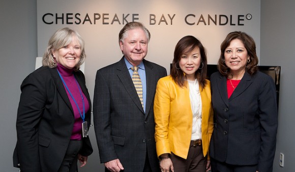 rmi_candle From left to right: Assistant Secretary of Labor for Employment and Training, Jane Oates; Mike Galiazzo, Executive Director of the Regional Manufacturing Institute; Mei Xu, owner and president of the Chesapeake Candle Company; and Secretary of Labor Hilda Solis upon arrival at the Chesapeake Candle Company’s manufacturing facility in Glen Burnie, MD.