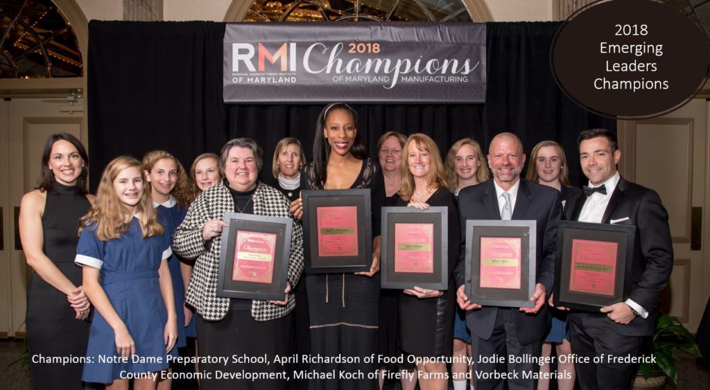 2018 emerging leaders champions: Notre Dame Preparatory School, April Richardson of Food Opportunity, Jodie Bollinger Office of Frederick County Economic Development, Michael Koch of Firefly Farms and Vorbeck Materials